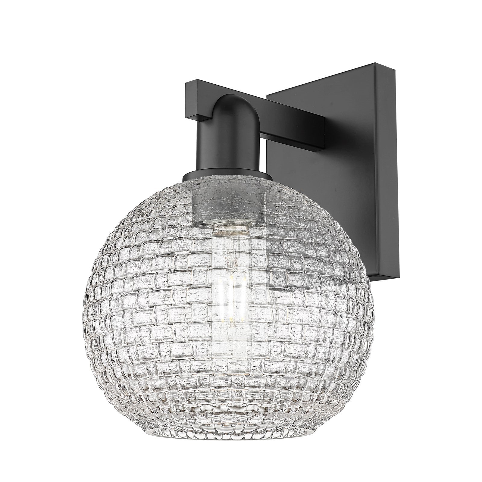 Innovations Athens 8in 1-Light Wall Sconce | Industrial Matte Black Steel and Clear Basket Weave Glass | Hallway & Bathroom | Model 716-1W-BK-G122C-8CL