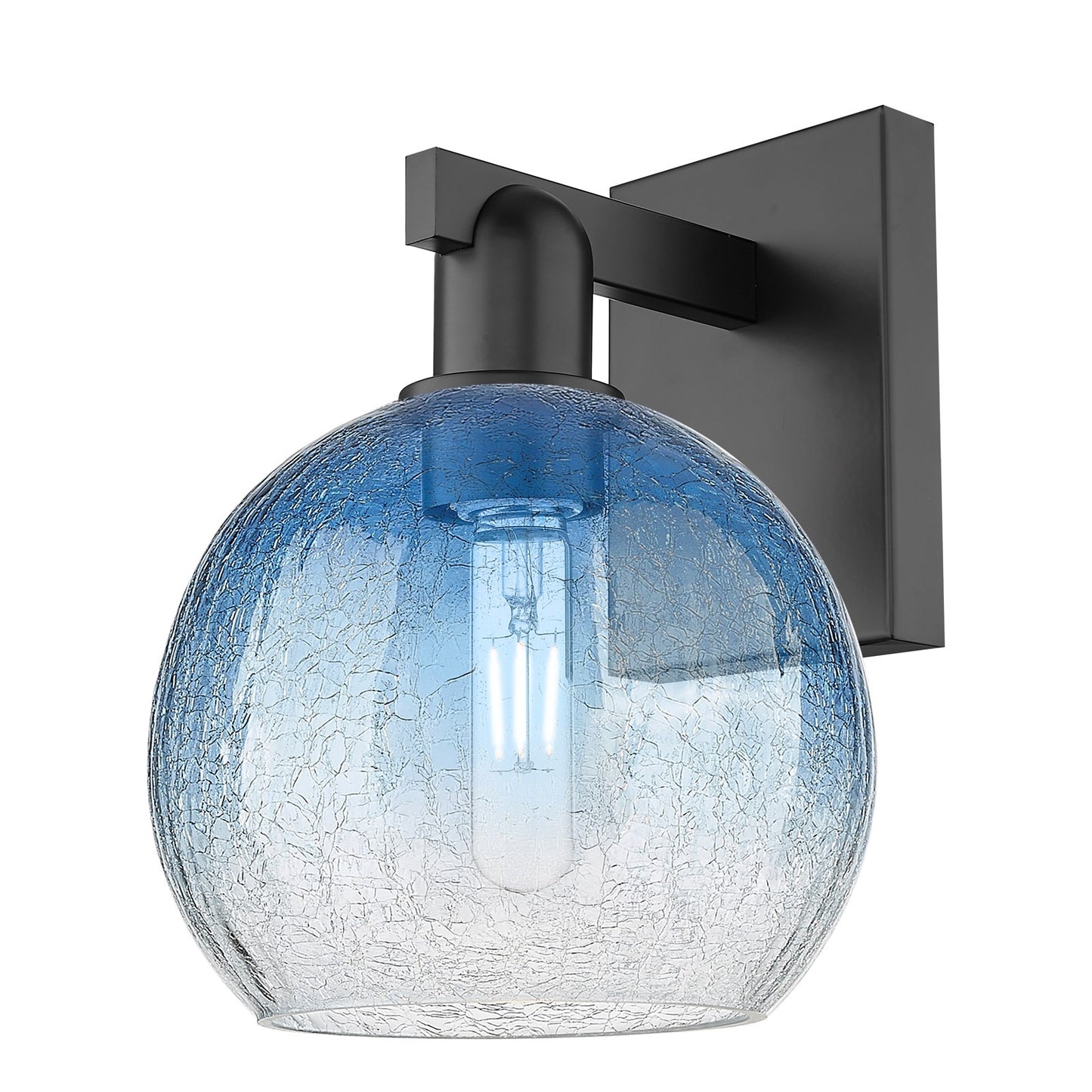 Innovations Brookhaven Globe 8in 1-Light Wall Sconce | Industrial Matte Black Steel and Sapphire Blue Glass | Bathroom & | Model 716-1W-BK-G483-8SB
