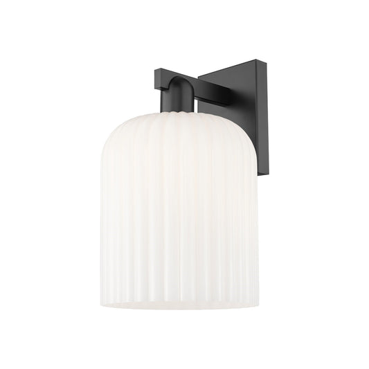 Innovations Bridal Veil 8in 1-Light Wall Sconce | Industrial Matte Black Steel and Gloss White Ribbed Glass | Bathroom & | Model 716-1W-BK-G559-8GWH