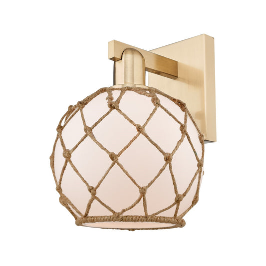 Innovations Farmhouse Rope 8in 1-Light Wall Sconce | Industrial Champagne Bronze Steel and White Frosted Glass with Brown Rope | Model 716-1W-CB-G121-8RB