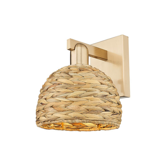 Innovations Woven Rattan 8in 1-Light Wall Sconce | Industrial Champagne Bronze Steel and Natural Fiber Dome Shade | Bathroom & | Model 716-1W-CB-RBD-8-NAT