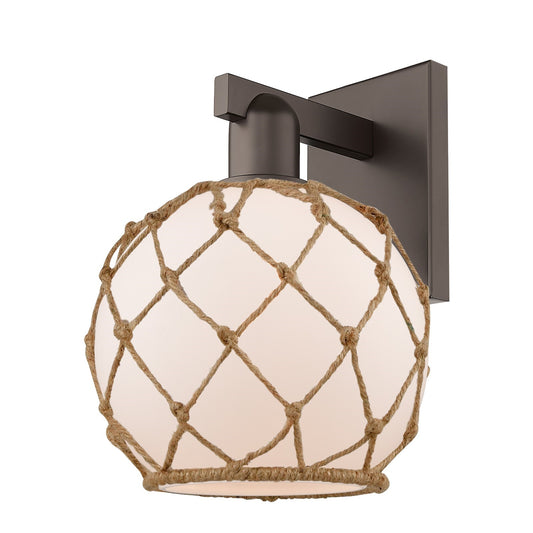 Innovations Farmhouse Rope 8in 1-Light Wall Sconce | Industrial Oil Rubbed Bronze Steel and White Glass with Brown Rope | Damp | Model 716-1W-OB-G121-8RB