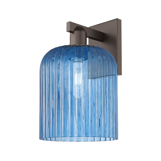 Innovations Bridal Veil 8in 1-Light Wall Sconce | Industrial Oil Rubbed Bronze Steel and Princess Blue Ribbed Glass | Hallway & | Model 716-1W-OB-G559-8BL