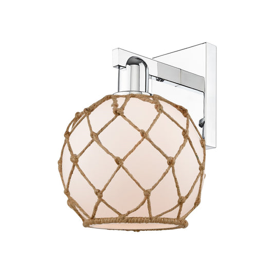 Innovations Farmhouse Rope 8in 1-Light Wall Sconce | Industrial Polished Chrome and White Frosted Glass with Brown Rope | Model 716-1W-PC-G121-8RB