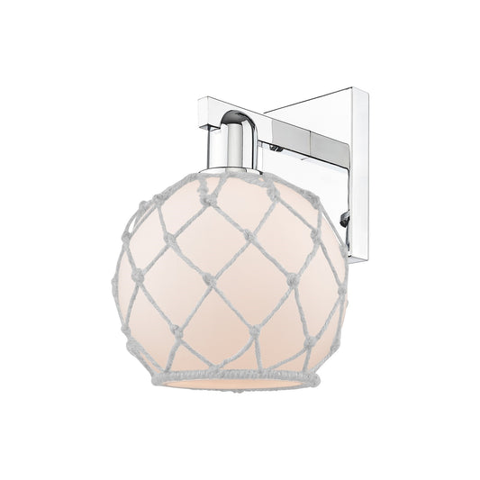 Innovations Farmhouse Rope 8in 1-Light Wall Sconce | Industrial Polished Chrome Steel and White Frosted Glass Rope Shade | Model 716-1W-PC-G121-8RW