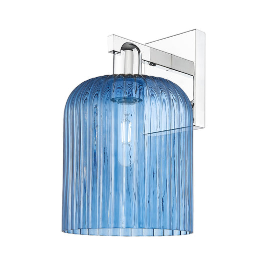 Innovations Bridal Veil 8in 1-Light Wall Sconce | Industrial Polished Chrome and Princess Blue Ribbed Glass | Bathroom & | Model 716-1W-PC-G559-8BL