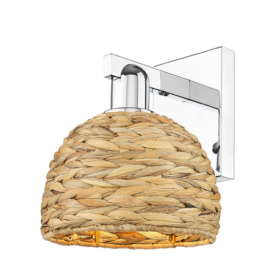 Innovations Woven Rattan 8in 1-Light Wall Sconce | Industrial Polished Chrome and Natural Fiber Dome Shade | Bathroom & | Model 716-1W-PC-RBD-8-NAT