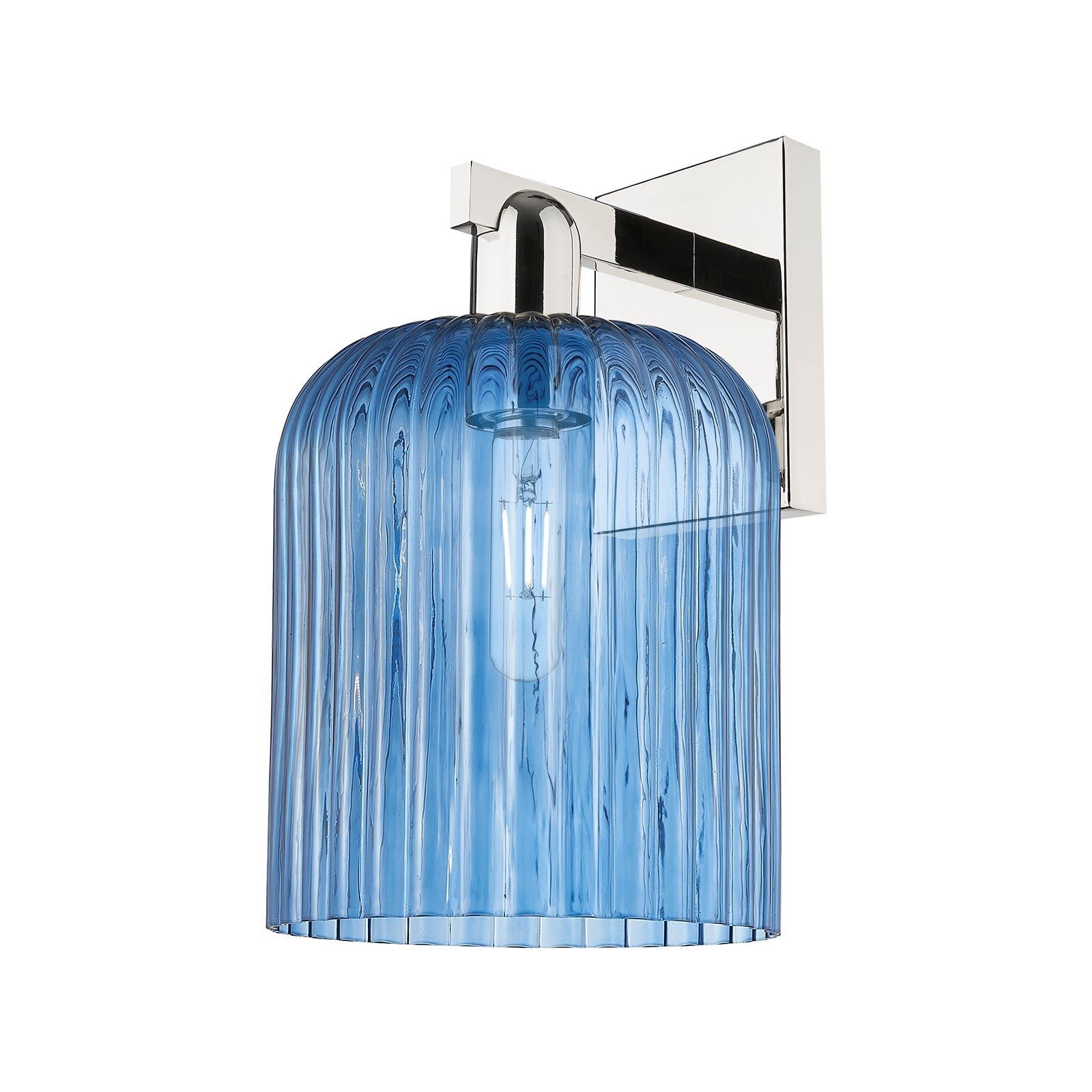 Innovations Bridal Veil 8in 1-Light Wall Sconce | Industrial Polished Nickel and Princess Blue Ribbed Glass | Bathroom & | Model 716-1W-PN-G559-8BL