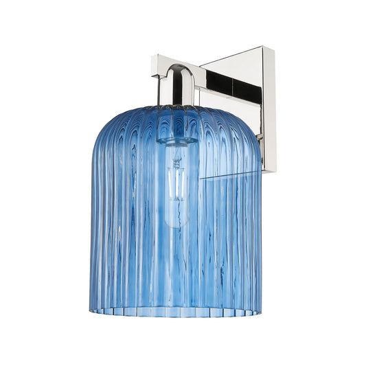 Innovations Bridal Veil 8in 1-Light Wall Sconce | Industrial Polished Nickel and Princess Blue Ribbed Glass | Bathroom & | Model 716-1W-PN-G559-8BL