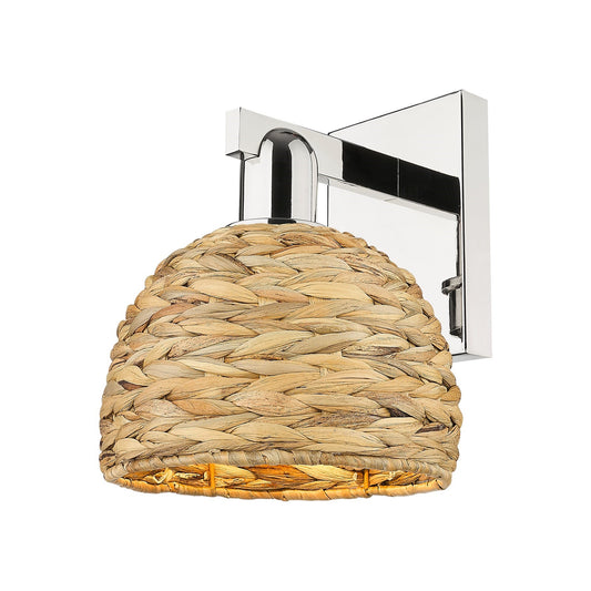 Innovations Woven Rattan 8in 1-Light Wall Sconce | Industrial Polished Nickel and Natural Fiber Dome Shade | Living Room & | Model 716-1W-PN-RBD-8-NAT