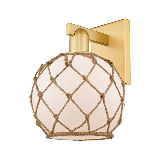 Innovations Farmhouse Rope 8in 1-Light Wall Sconce | Industrial Satin Gold Steel and White Frosted Glass with Brown Rope | Model 716-1W-SG-G121-8RB