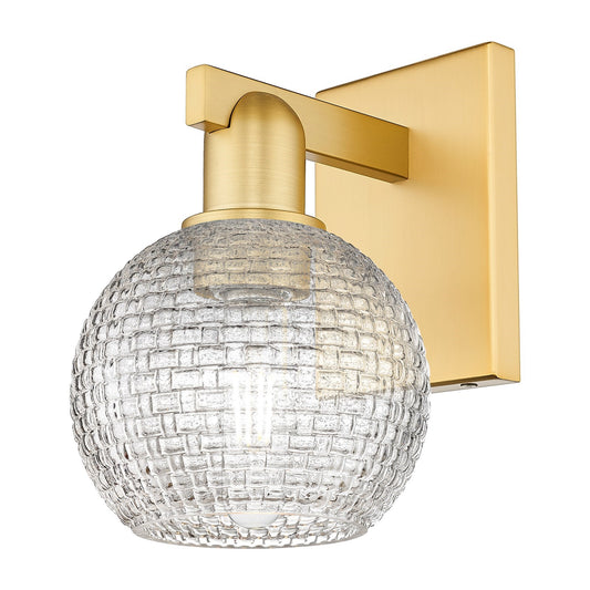 Innovations Athens 1-Light Wall Sconce | Industrial Satin Gold Steel and Clear Basket Weave Glass | Bathroom & Hallway Accent | Model 716-1W-SG-G122C-6CL