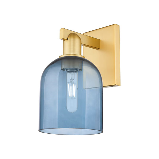 Innovations Bella 6in 1-Light Wall Sconce | Industrial Satin Gold Steel and Blue Glass | Bedroom & Hallway Accent | 5.5 x 11.25 | Model 716-1W-SG-G558-6BL