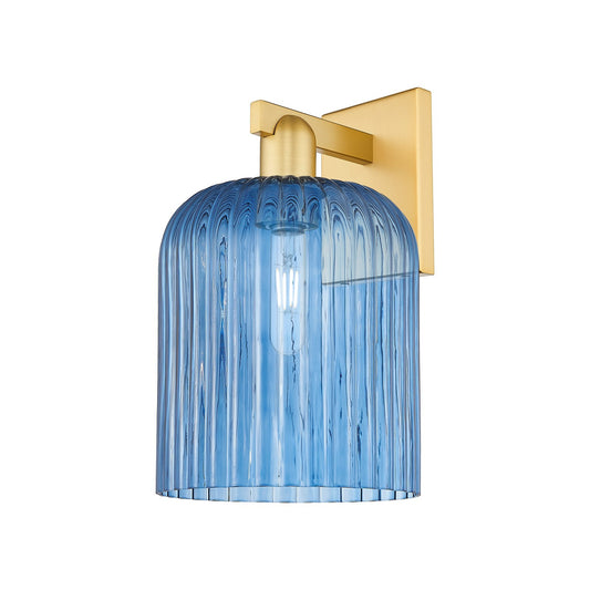 Innovations Bridal Veil 8in 1-Light Wall Sconce | Industrial Satin Gold Steel and Cast Brass with Princess Blue Ribbed Glass | Model 716-1W-SG-G559-8BL