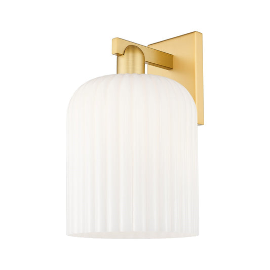 Innovations Bridal Veil 8in 1-Light Wall Sconce | Industrial Satin Gold Steel and Cast Brass with Gloss White Ribbed Bell | Model 716-1W-SG-G559-8GWH