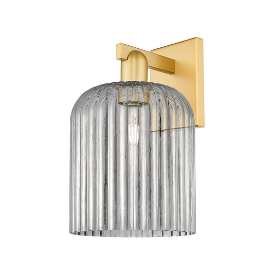 Innovations Bridal Veil 1-Light 8in Wall Sconce | Industrial Satin Gold Steel and Cast Brass with Light Smoke Ribbed Glass | Model 716-1W-SG-G559-8SM
