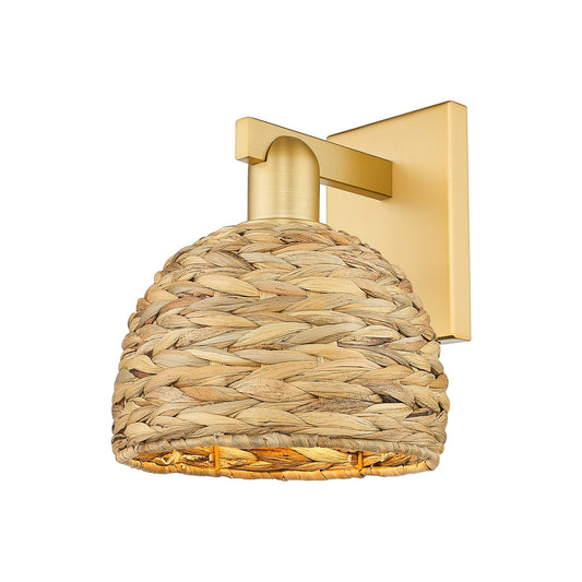 Innovations Woven Rattan 8in 1-Light Wall Sconce | Industrial Satin Gold Steel and Natural Fiber Dome Shade | Living Room & | Model 716-1W-SG-RBD-8-NAT