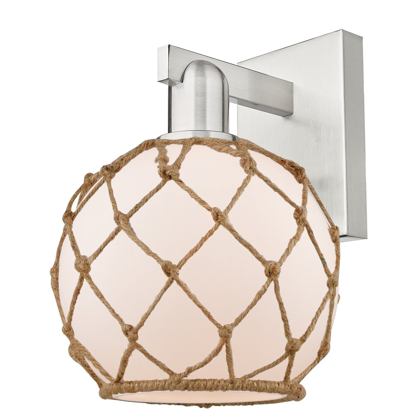 Innovations Farmhouse Rope 8in 1-Light Wall Sconce | Industrial Brushed Satin Nickel and White Glass with Brown Rope | Bathroom | Model 716-1W-SN-G121-8RB