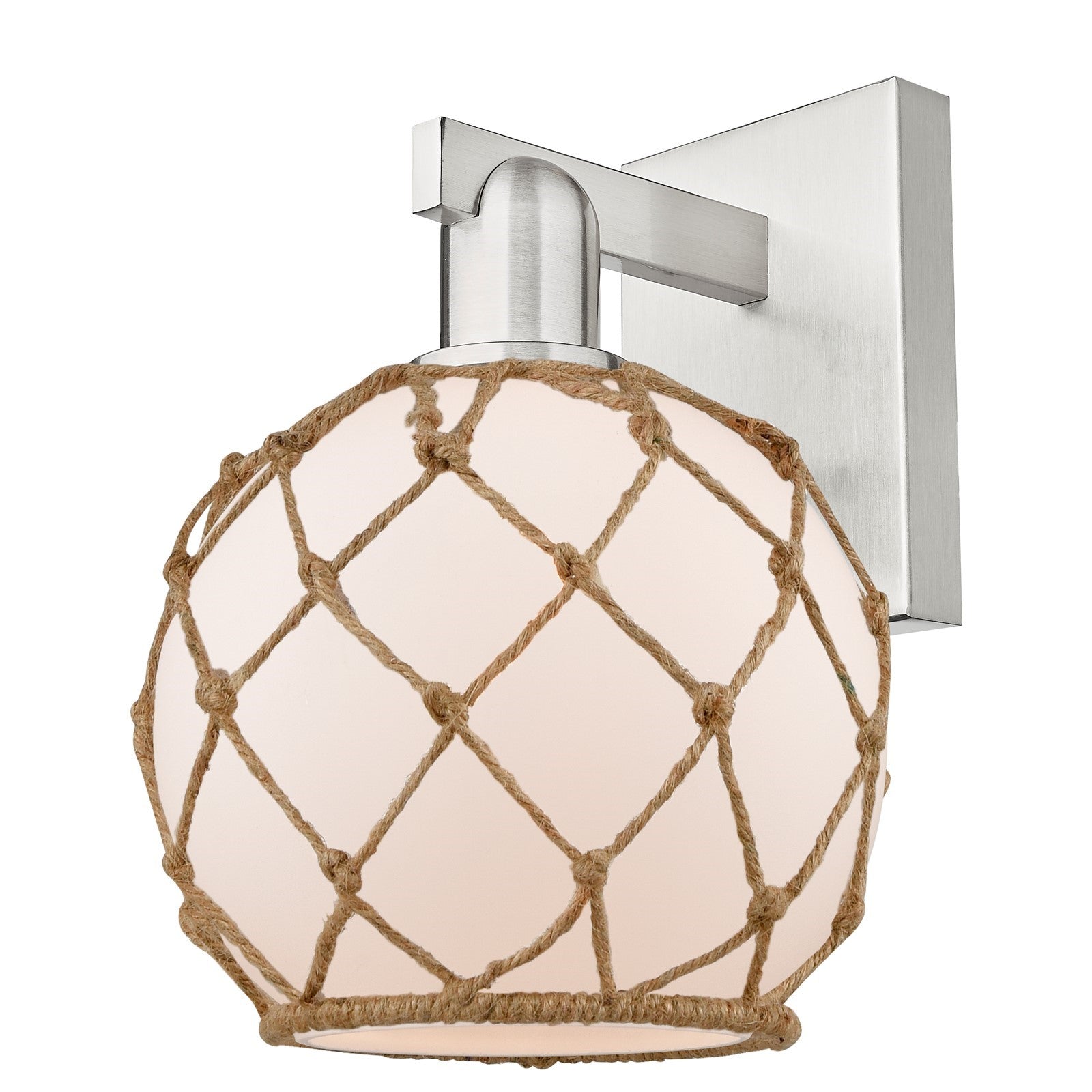 Innovations Farmhouse Rope 8in 1-Light Wall Sconce | Industrial Brushed Satin Nickel and White Glass with Brown Rope | Bathroom | Model 716-1W-SN-G121-8RB