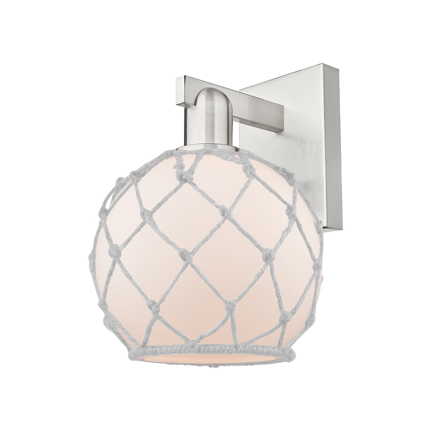 Innovations Farmhouse Rope 8in 1-Light Wall Sconce | Industrial Brushed Satin Nickel and White Frosted Glass with Rope Shade | Model 716-1W-SN-G121-8RW