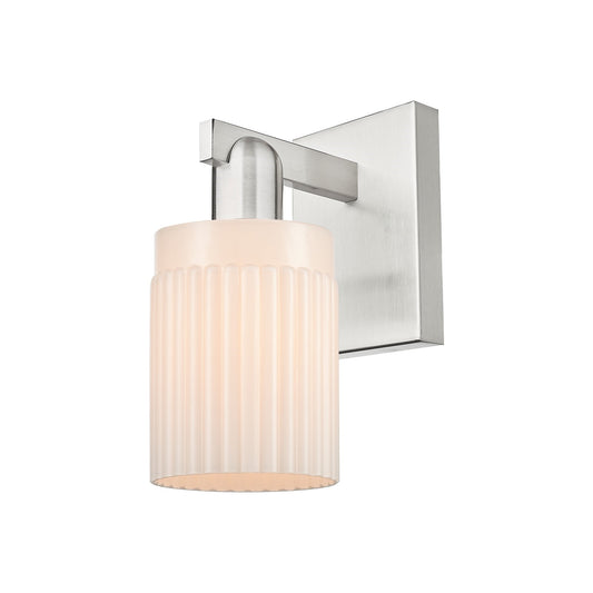 Innovations Hadley 1-Light 4.5in Wall Sconce | Industrial Brushed Satin Nickel and Matte White Ribbed Glass | Bathroom & Hallway | Model 716-1W-SN-G341