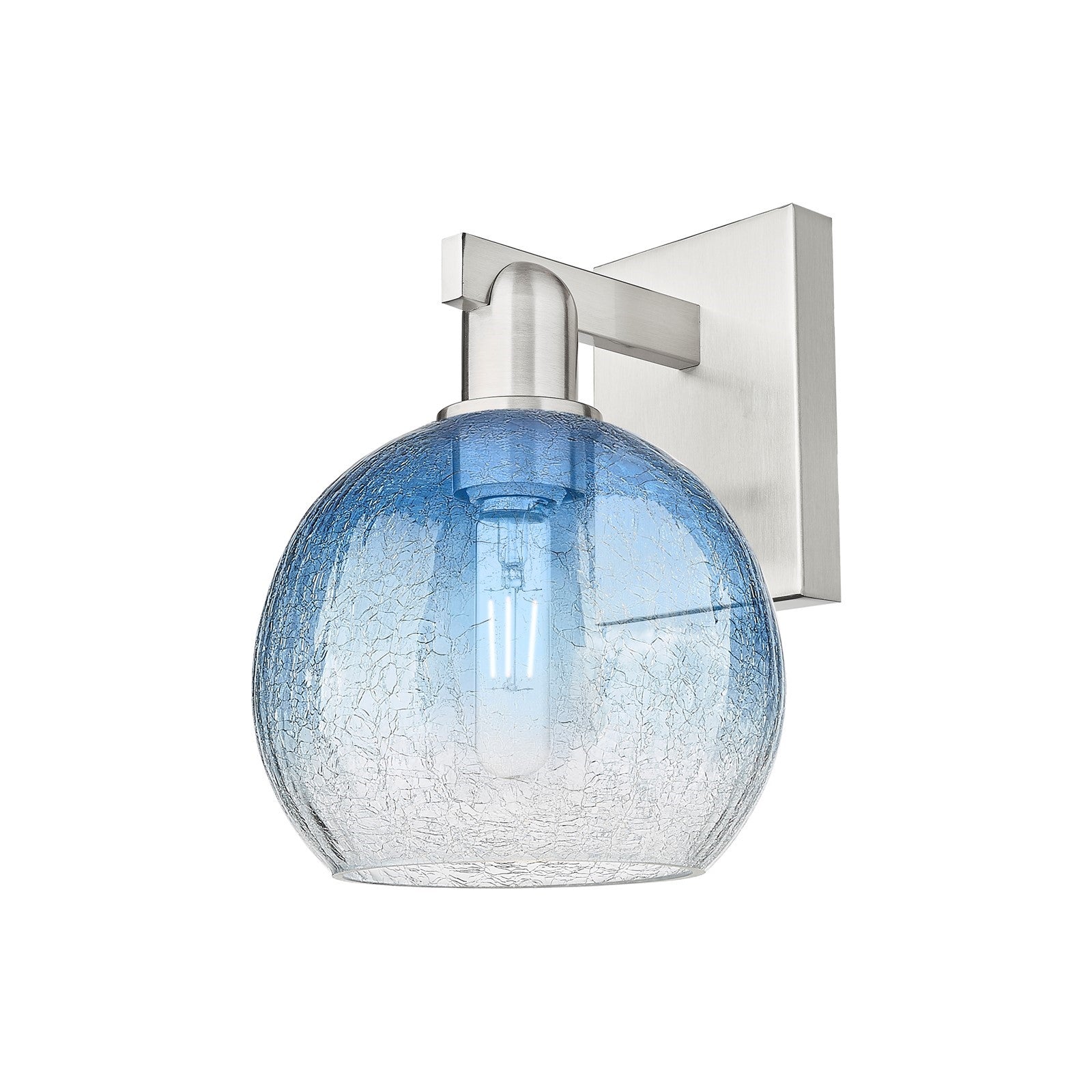 Innovations Brookhaven Globe 8in 1-Light Wall Sconce | Industrial Brushed Satin Nickel and Sapphire Blue Glass | Bathroom & | Model 716-1W-SN-G483-8SB
