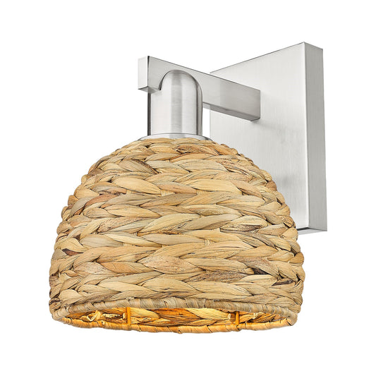 Innovations Arcadia 8in 1-Light Wall Sconce | Industrial Brushed Satin Nickel and Natural Rattan | Living Room & Hallway | Model 716-1W-SN-RBD-8-NAT
