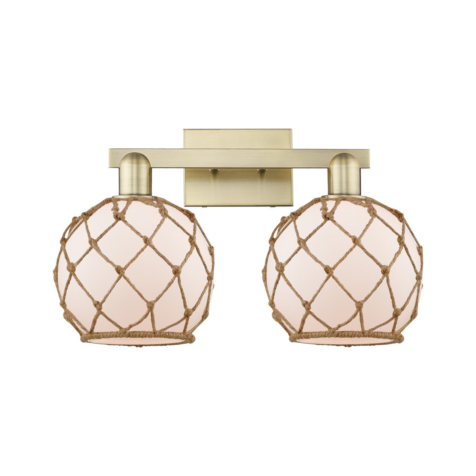 Innovations Farmhouse Rope 19in 2-Light Bath Vanity | Industrial Antique Brass Steel and White Frosted Glass with Brown Rope | Model 716-2W-AB-G121-8RB