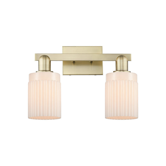 Innovations Hadley 2-Light 16in Bath Vanity Light | Industrial Antique Brass Steel and Matte White Ribbed Glass | Bathroom Vanity | Model 716-2W-AB-G341