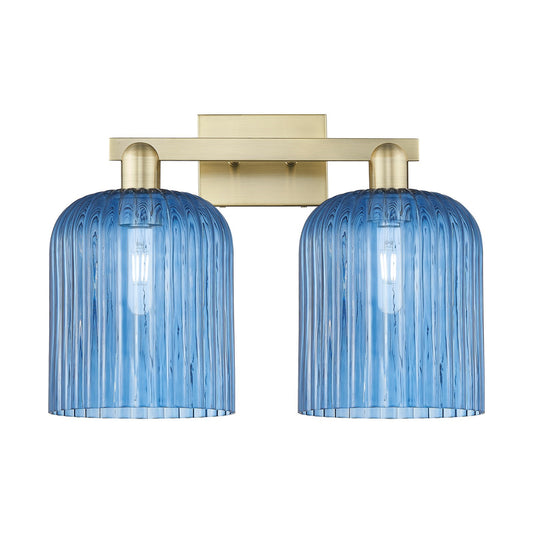 Innovations Bridal Veil 19in 2-Light Bath Vanity | Industrial Antique Brass Steel and Princess Blue Ribbed Glass | Bathroom | Model 716-2W-AB-G559-8BL