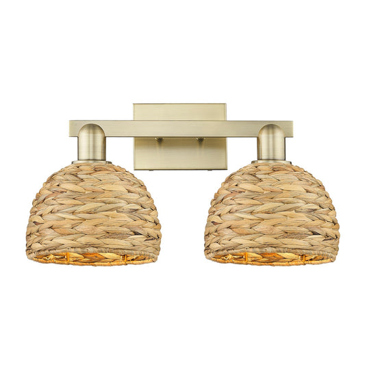 Innovations Woven Rattan 19in 2-Light Bath Vanity Light | Industrial Antique Brass Steel and Natural Fiber Shade | Bathroom | Model 716-2W-AB-RBD-8-NAT