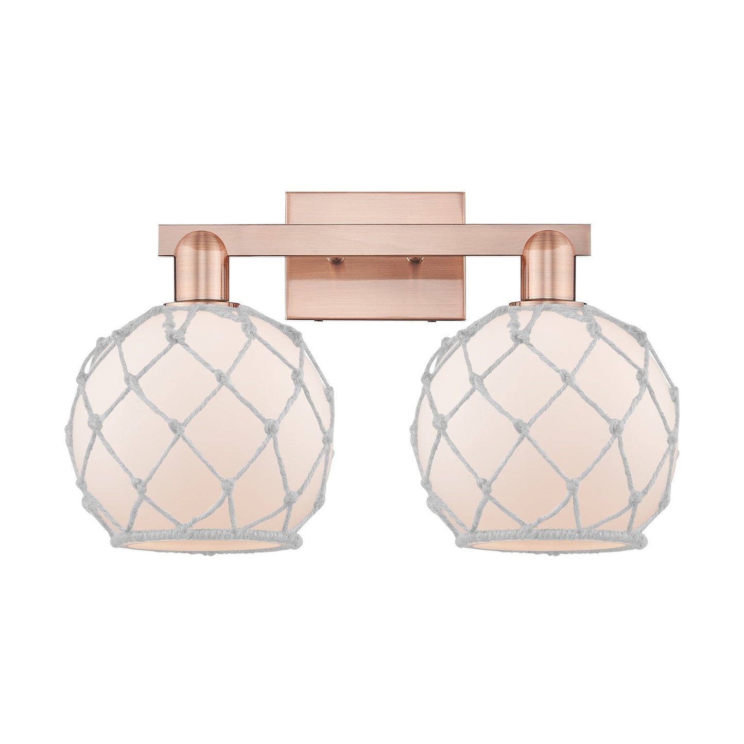 Innovations Farmhouse Rope 19in 2-Light Bath Vanity | Industrial Antique Copper Steel and White Frosted Glass with Rope | Model 716-2W-AC-G121-8RW