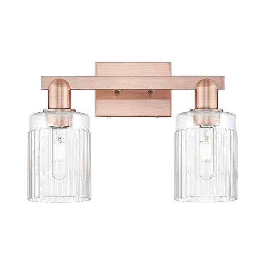Innovations Hadley 16in 2-Light Bath Vanity Light | Industrial Antique Copper and Clear Ribbed Glass | Damp Rated Bathroom Vanity | Model 716-2W-AC-G342