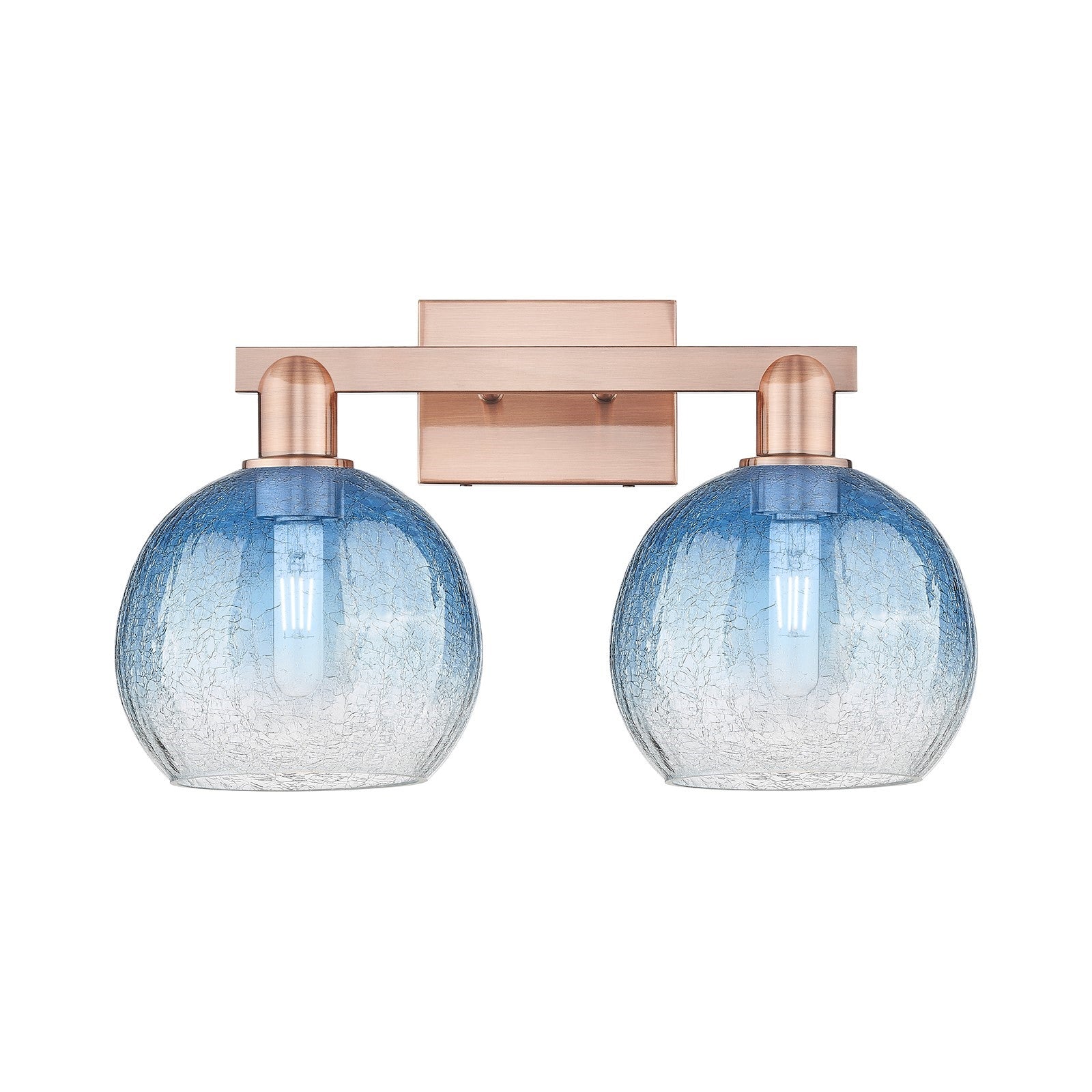 Innovations Brookhaven Globe 19in 2-Light Bath Vanity Light | Industrial Antique Copper and Sapphire Blue Glass | Bathroom & | Model 716-2W-AC-G483-8SB