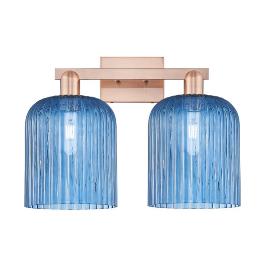 Innovations Bridal Veil 19in 2-Light Bath Vanity Light | Industrial Antique Copper Steel and Princess Blue Ribbed Glass | Model 716-2W-AC-G559-8BL