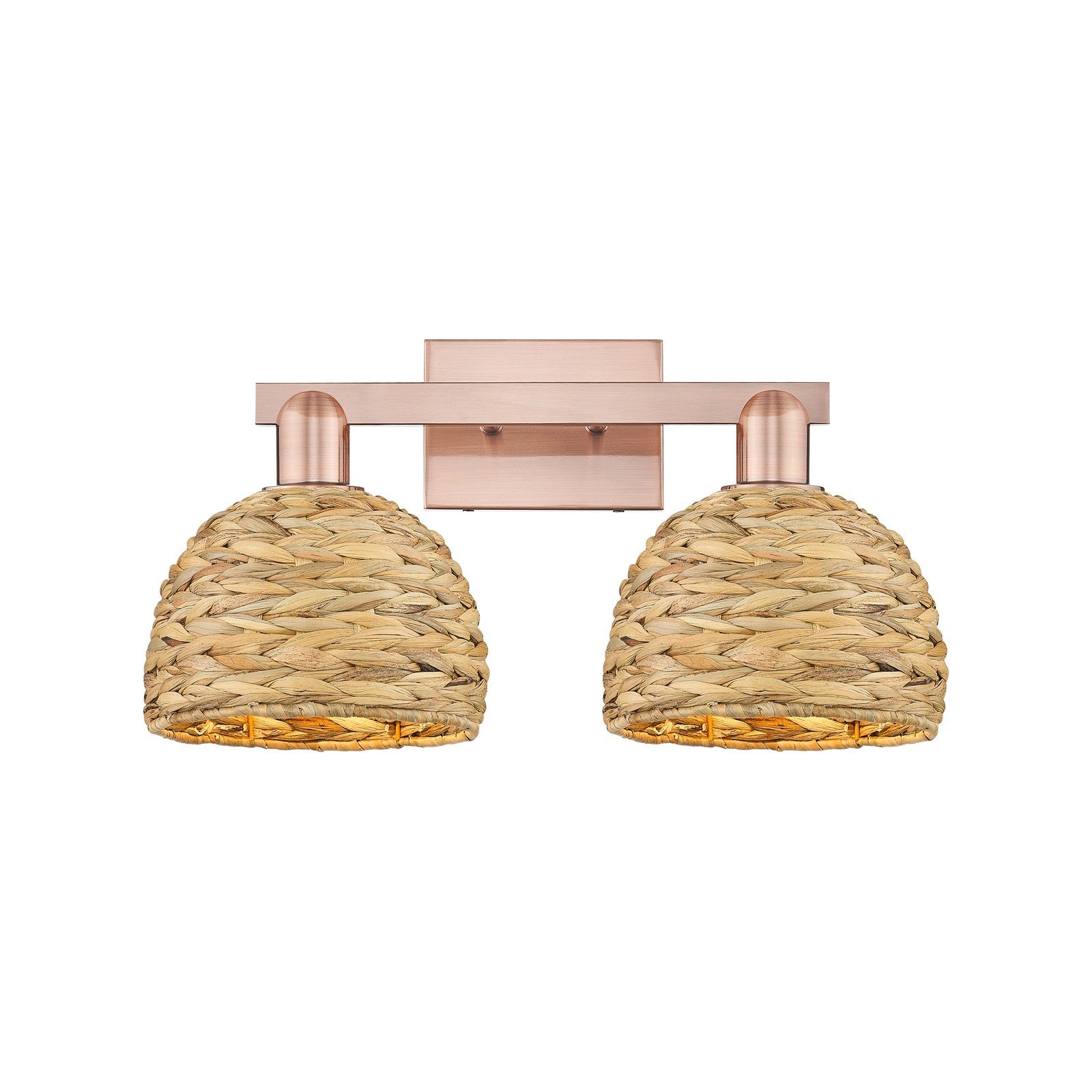 Innovations Woven Rattan 19in 2-Light Bath Vanity Light | Industrial Antique Copper and Natural Fiber Shade | Bathroom Vanity | Model 716-2W-AC-RBD-8-NAT