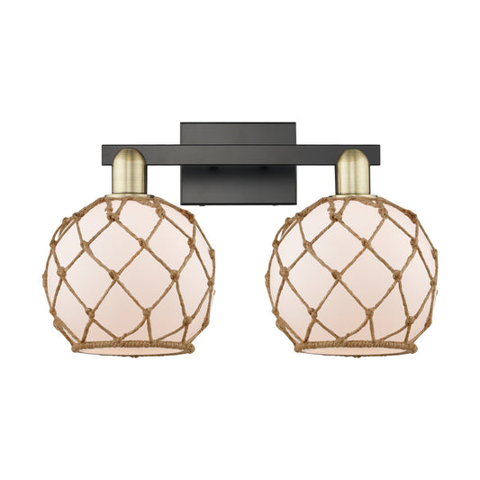 Innovations Farmhouse Rope 19in 2-Light Bath Vanity Light | Industrial Black Antique Brass and White Frosted Glass with Brown | Model 716-2W-BAB-G121-8RB