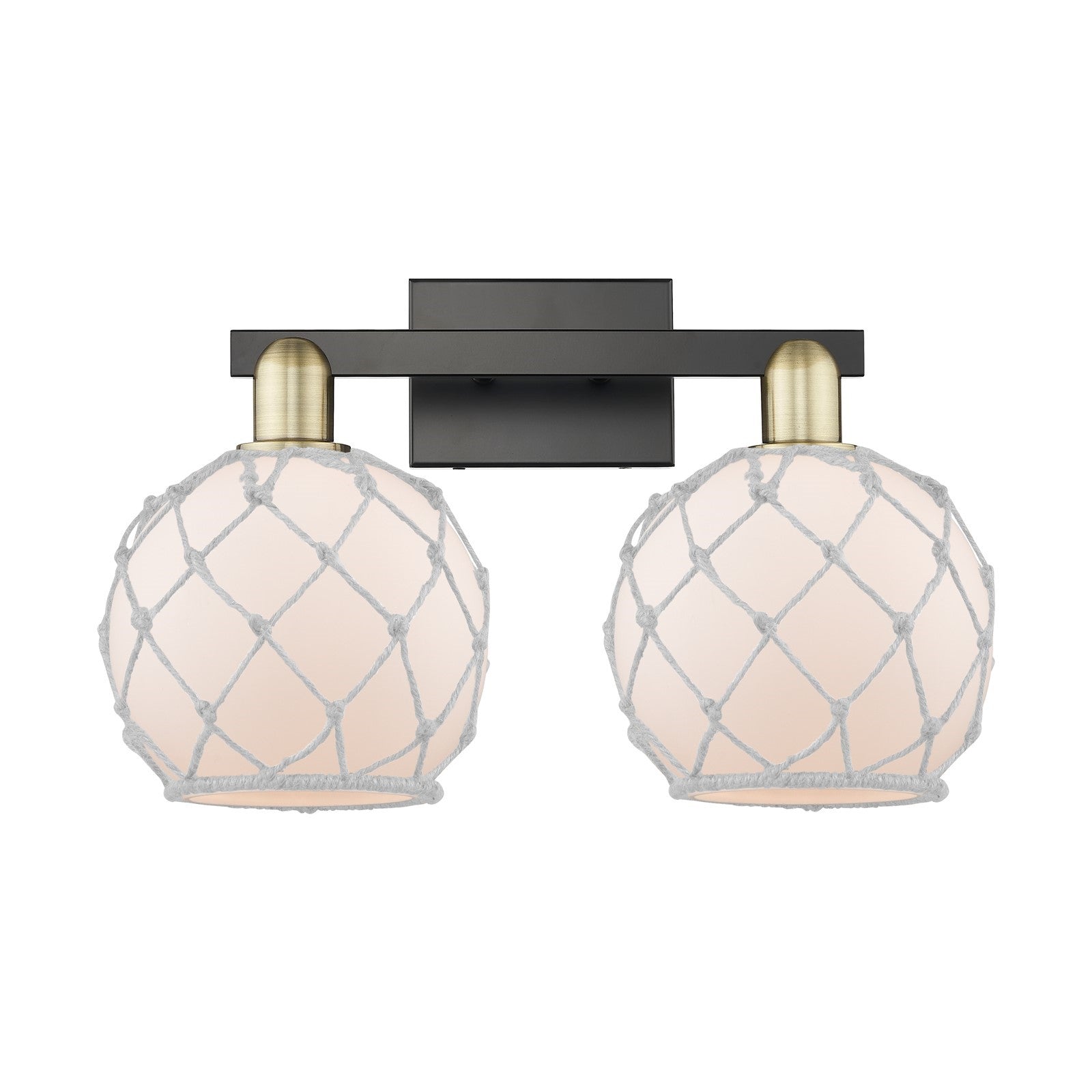 Innovations Farmhouse Rope 19in 2-Light Bath Vanity Light | Industrial Black Antique Brass and White Frosted Glass Rope Shade | Model 716-2W-BAB-G121-8RW