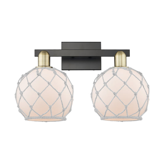 Innovations Farmhouse Rope 19in 2-Light Bath Vanity Light | Industrial Black Antique Brass and White Frosted Glass Rope Shade | Model 716-2W-BAB-G121-8RW