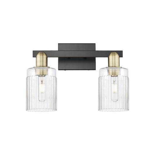 Innovations Hadley 16in 2-Light Bath Vanity | Industrial Black Antique Brass and Clear Ribbed Glass | Bathroom Vanity Light | 15.5 | Model 716-2W-BAB-G342