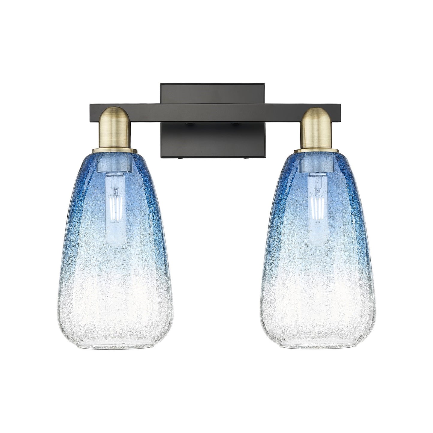 Innovations Brookhaven Almond 17in 2-Light Bath Vanity Light | Industrial Black Antique Brass and Sapphire Blue Glass | Damp | Model 716-2W-BAB-G480-6SB