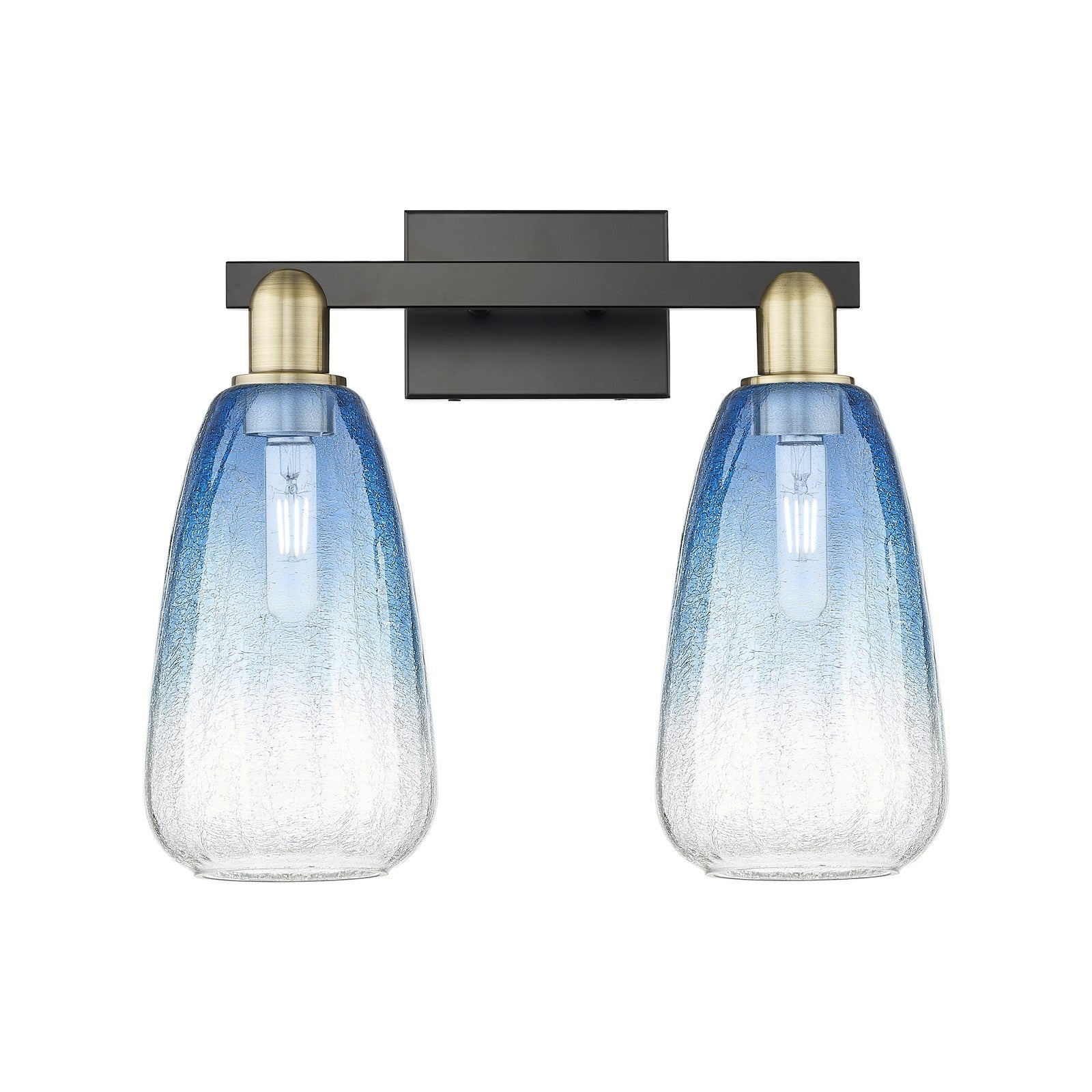 Innovations Brookhaven Almond 17in 2-Light Bath Vanity Light | Industrial Black Antique Brass and Sapphire Blue Glass | Damp | Model 716-2W-BAB-G480-6SB