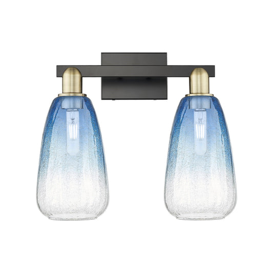 Innovations Brookhaven Almond 17in 2-Light Bath Vanity Light | Industrial Black Antique Brass and Sapphire Blue Glass | Damp | Model 716-2W-BAB-G480-6SB