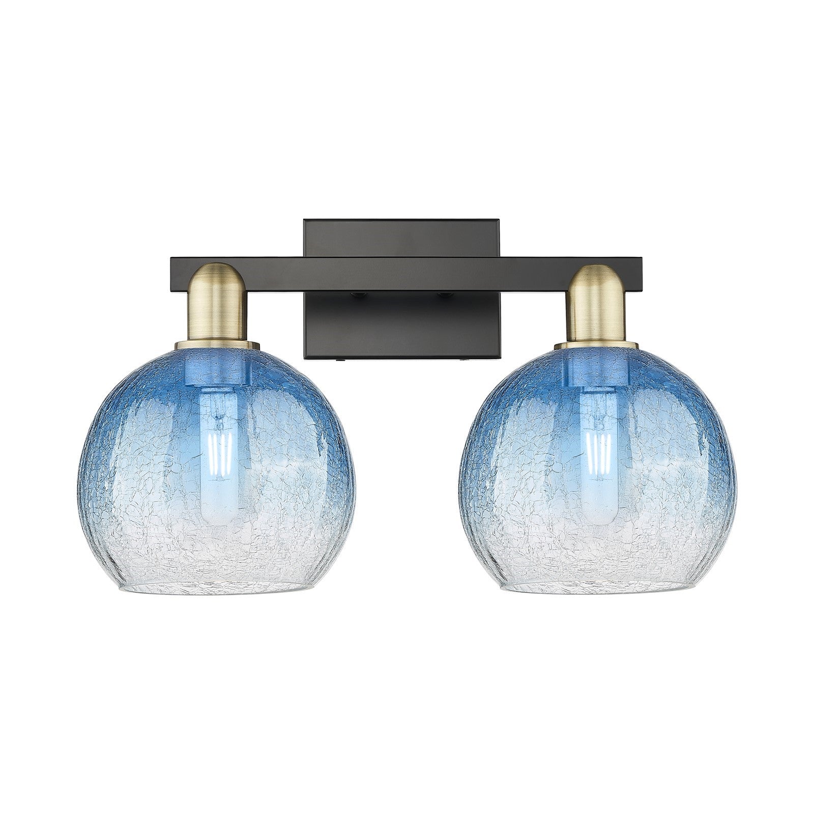 Innovations Brookhaven Globe 19in 2-Light Bath Vanity Light | Industrial Black Antique Brass and Sapphire Blue Glass | Model 716-2W-BAB-G483-8SB