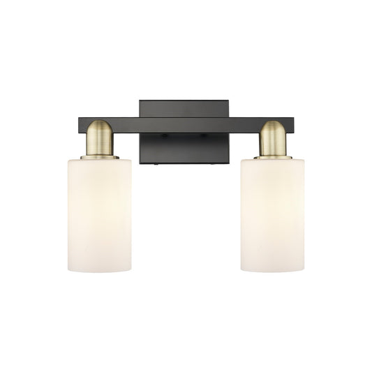 Innovations Clymer 15in 2-Light Bath Vanity | Industrial Black Antique Brass Steel and Matte White Glass | Bathroom Vanity Light | Model 716-2W-BAB-G801