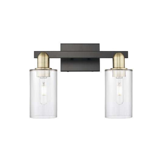 Innovations Clymer 15in 2-Light Bath Vanity | Industrial Black Antique Brass Steel and Clear Glass | Bathroom Vanity Light | 14.88 | Model 716-2W-BAB-G802