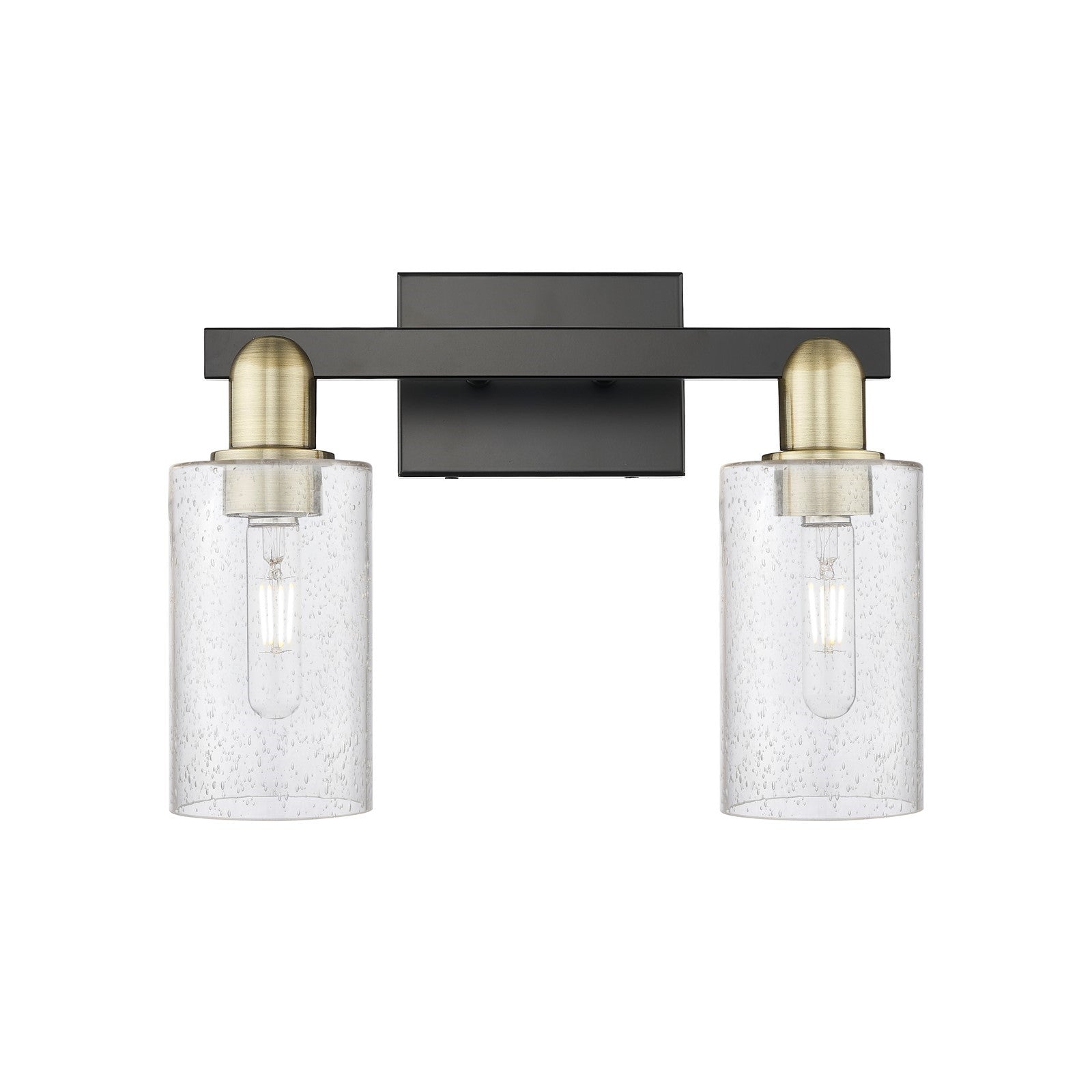 Innovations Clymer 15in 2-Light Bath Vanity | Industrial Black Antique Brass Steel and Seedy Glass | Bathroom Vanity & Powder Room | Model 716-2W-BAB-G804