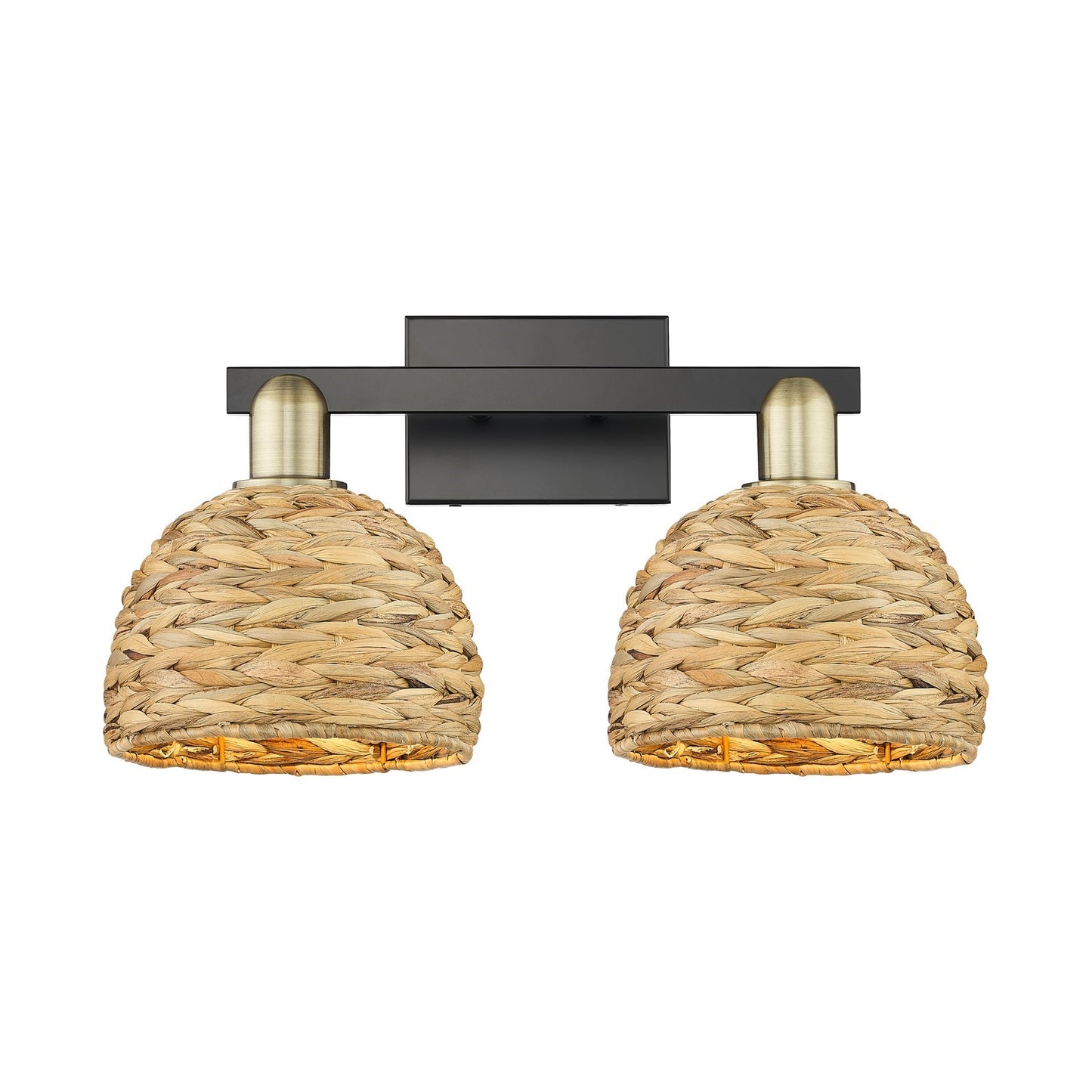 Innovations Woven Rattan 19in 2-Light Bath Vanity Light | Industrial Black Antique Brass and Natural Fiber Shade | Bathroom | Model 716-2W-BAB-RBD-8-NAT