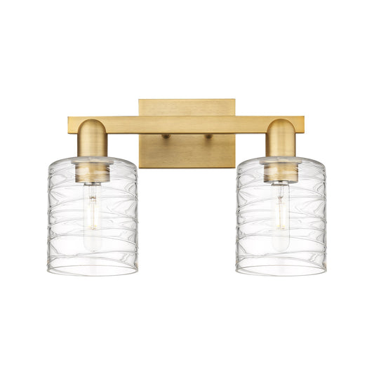 Innovations Cobbleskill 16in 2-Light Bath Vanity Light | Industrial Brushed Brass Steel and Deco Swirl Clear Glass | Bathroom | Model 716-2W-BB-G1113
