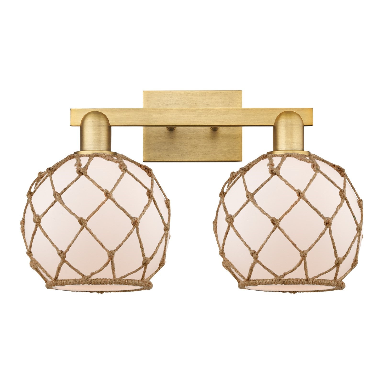 Innovations Farmhouse Rope 19in 2-Light Bath Vanity | Industrial Brushed Brass and White Frosted Glass with Brown Rope | Model 716-2W-BB-G121-8RB